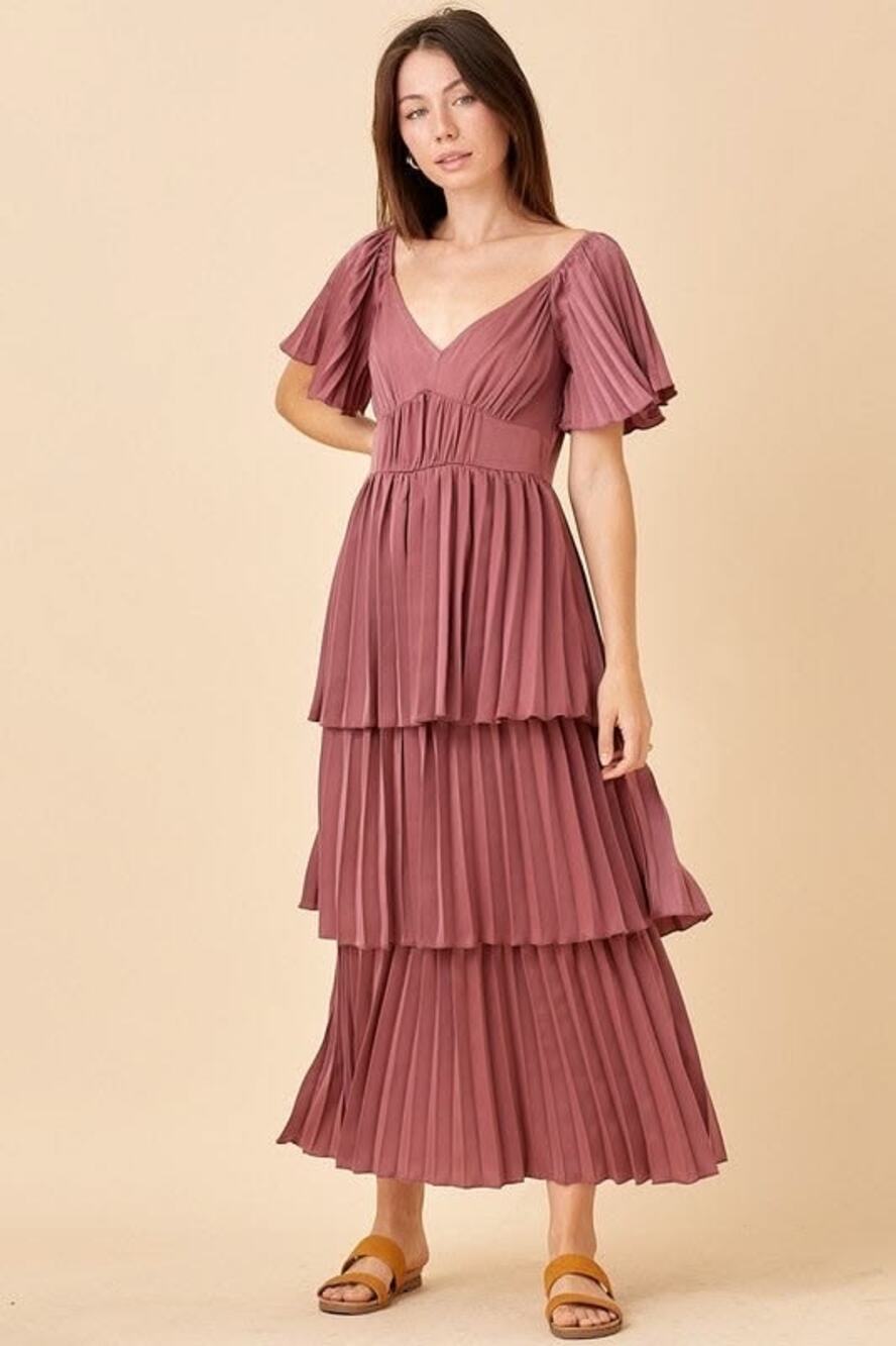 Polagram Dusty Rose Pleated Puff Sleeve Maxi Dress Medium